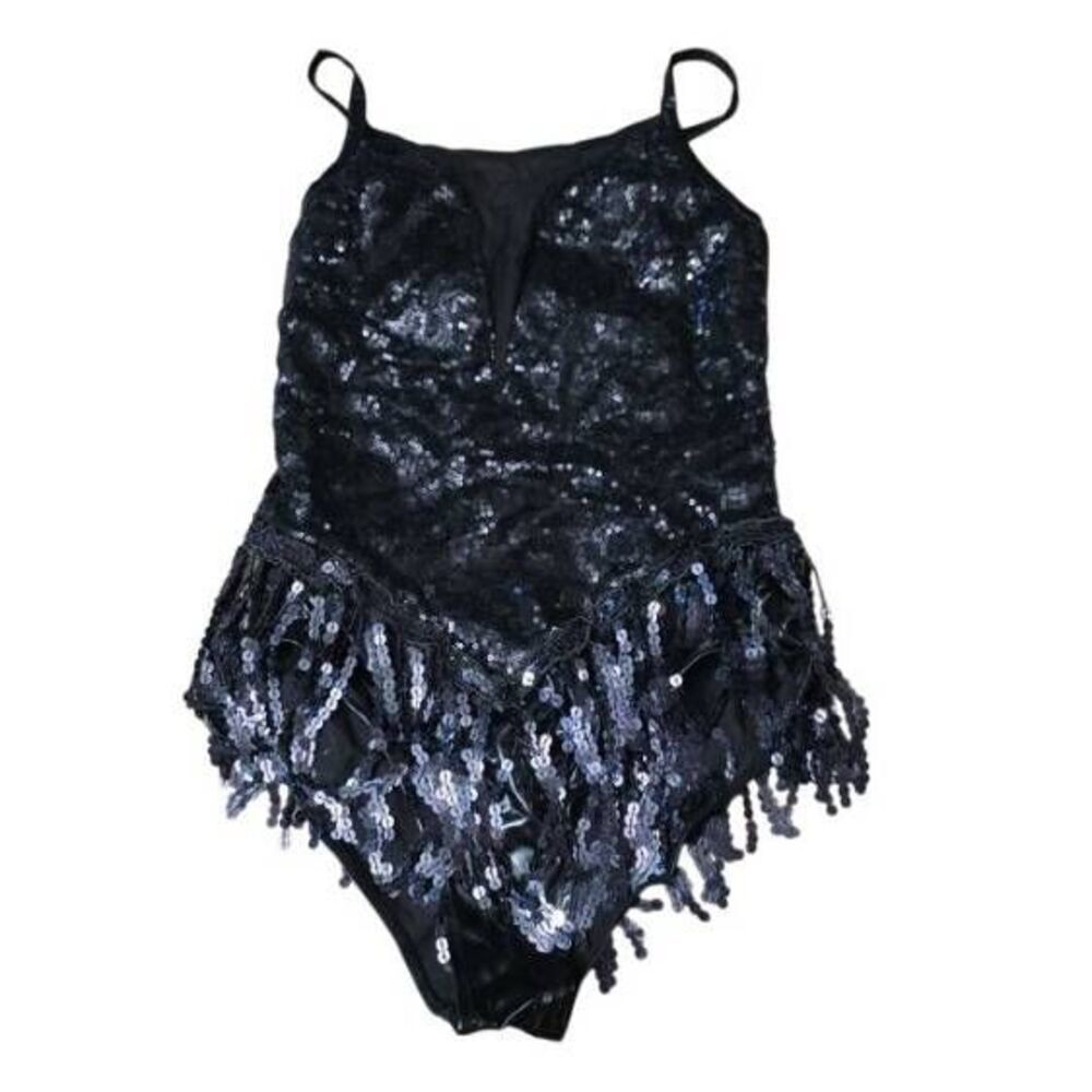 IEFielâWomen's Size Small Black Sequin Fringe Mesh Panel Dance Leotard
